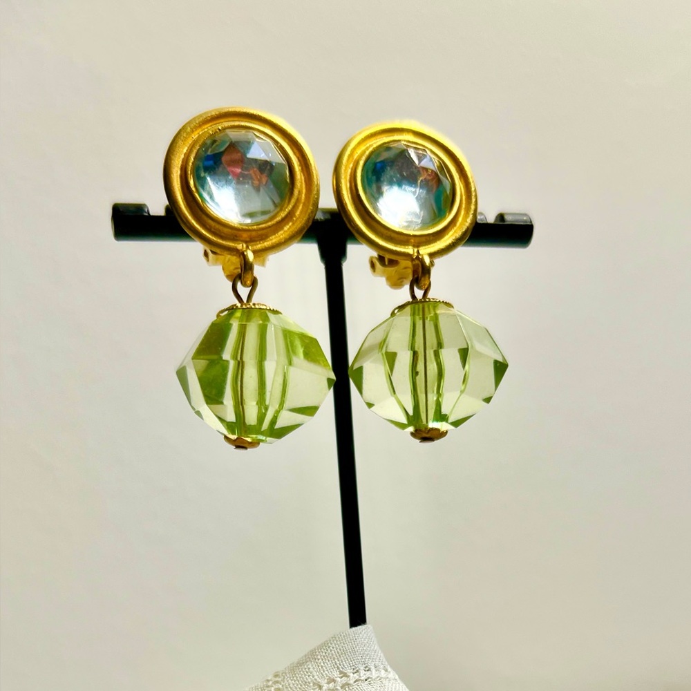 80s Statement Earrings Gold Tone, Green Lucite Dangles Vintage Clip On Glam